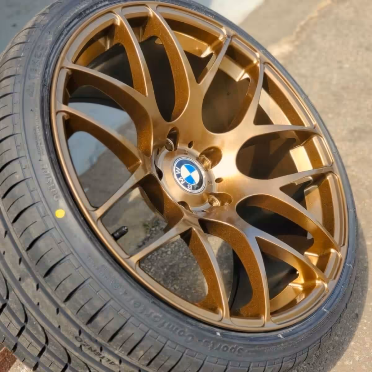 Completed BMW bronze gold mesh wheel powder coated and ready for install